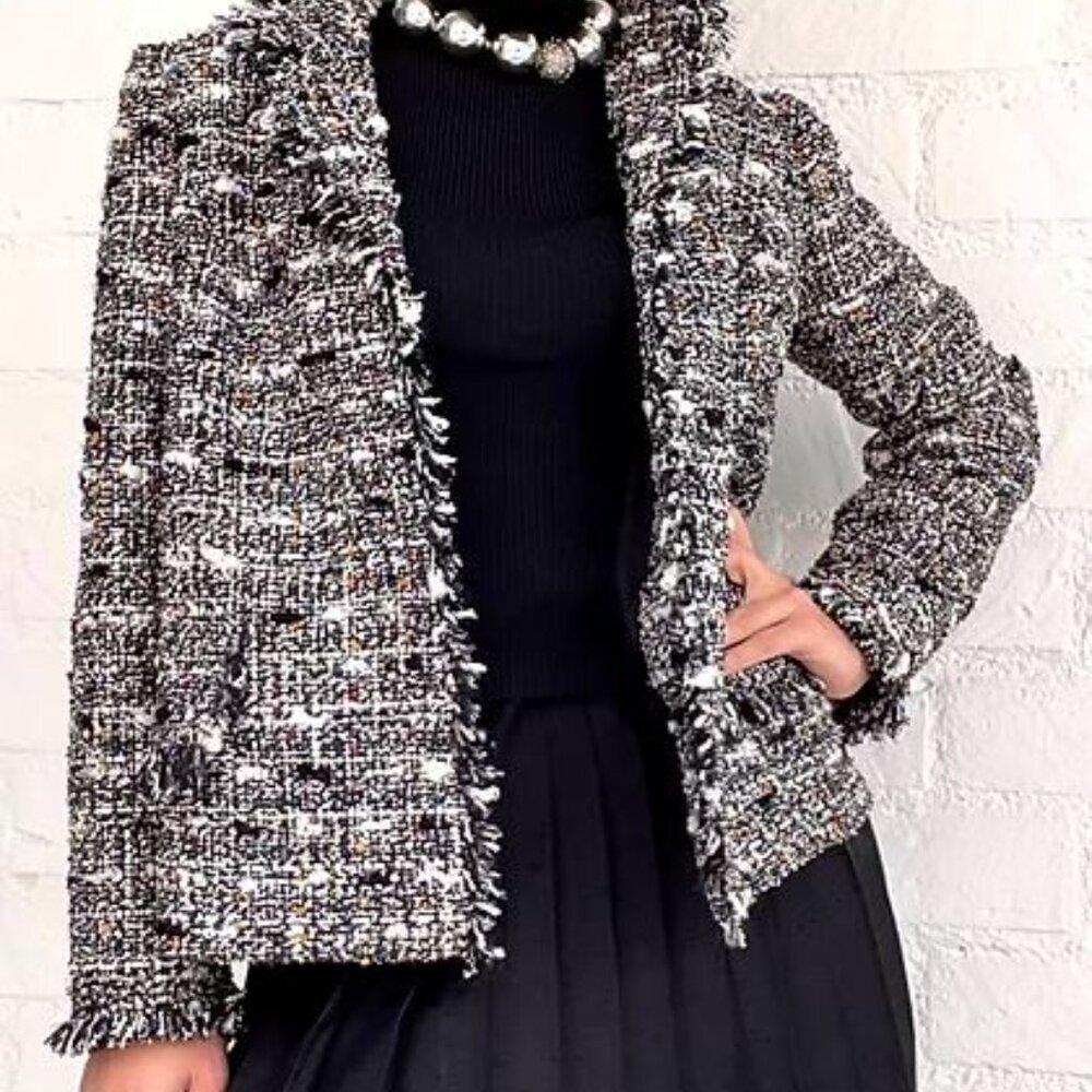 Rienda(Japanese) Wool Blend Black & White Tweed Collarless Jacket Misses Small